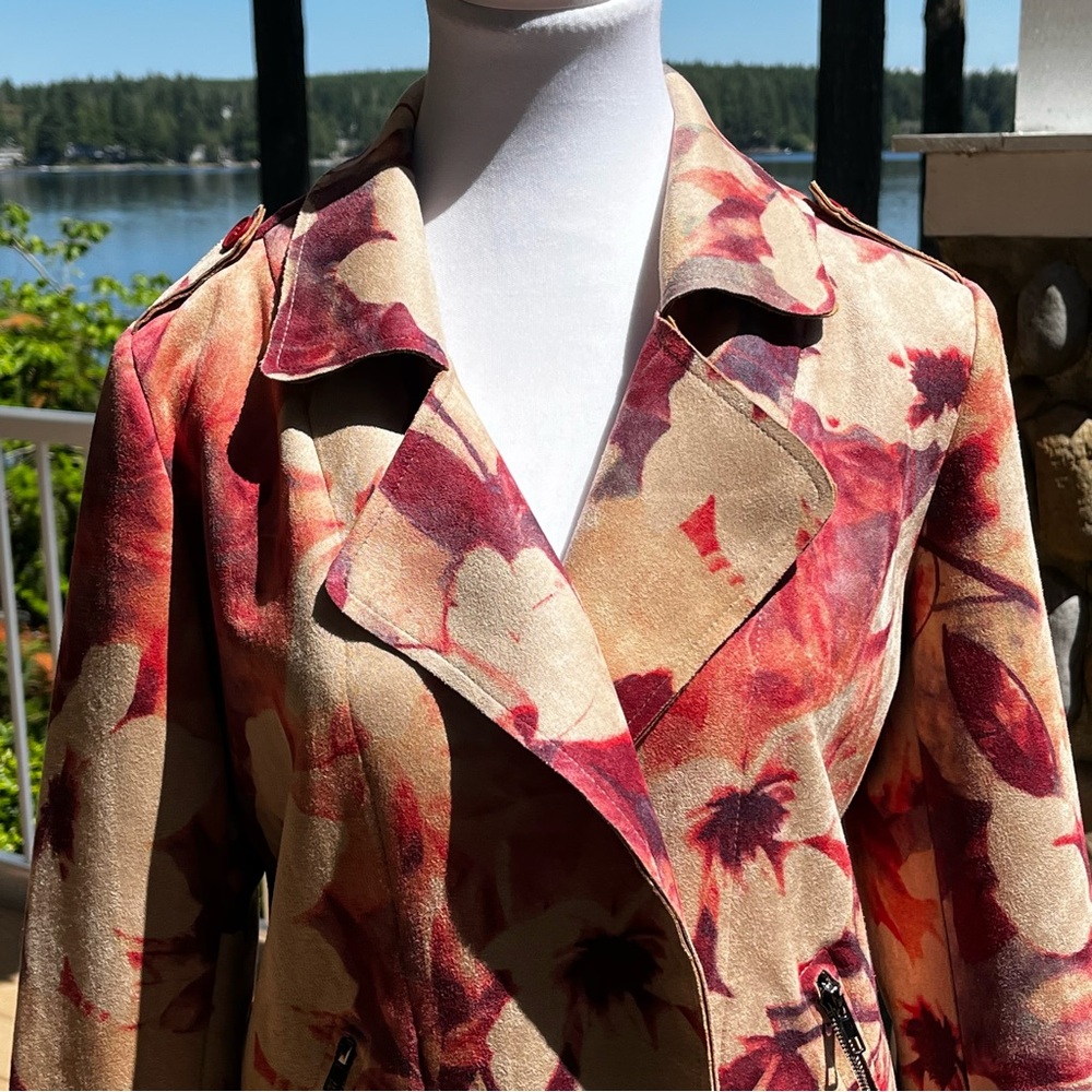 SOLITAIRE Brushstroke Floral Cropped Faux Suede Jacket Pink Tan Sz M Boho Artsy